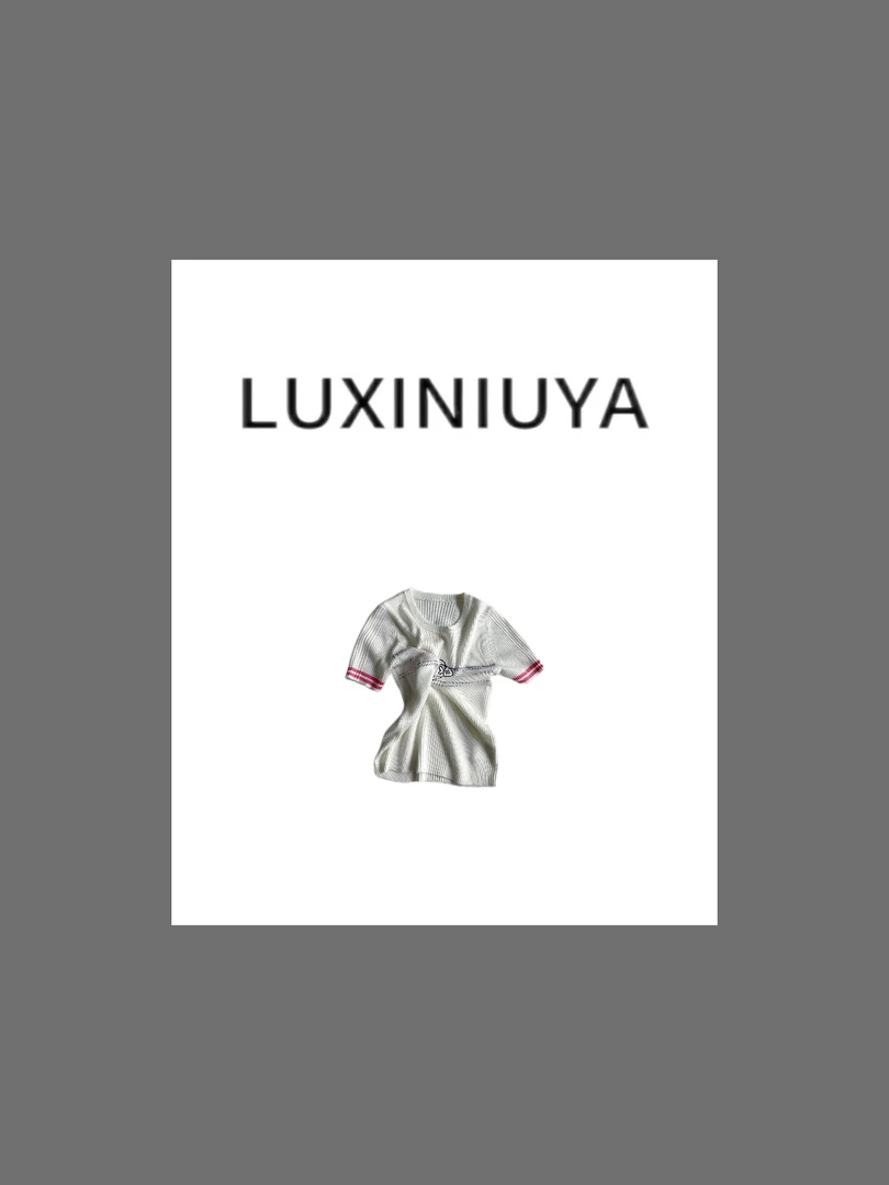【LUXINIUYA】小鱼短袖 香奶奶针织条纹小鱼刺绣T恤#CX2713