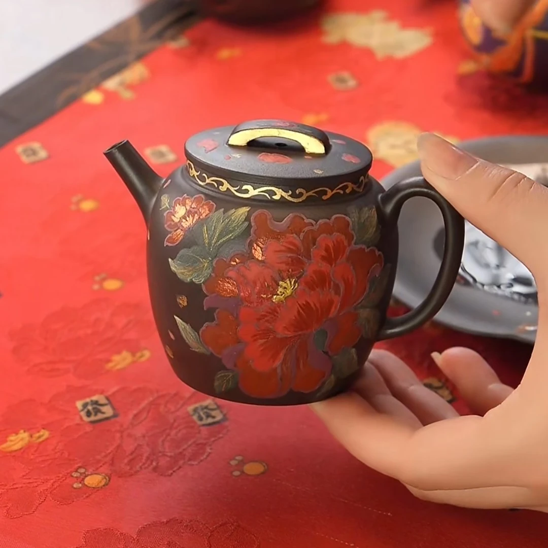 念一｜国色芳华牡丹描金黑料紫砂壶全手工大红茶具精美手绘茶壶