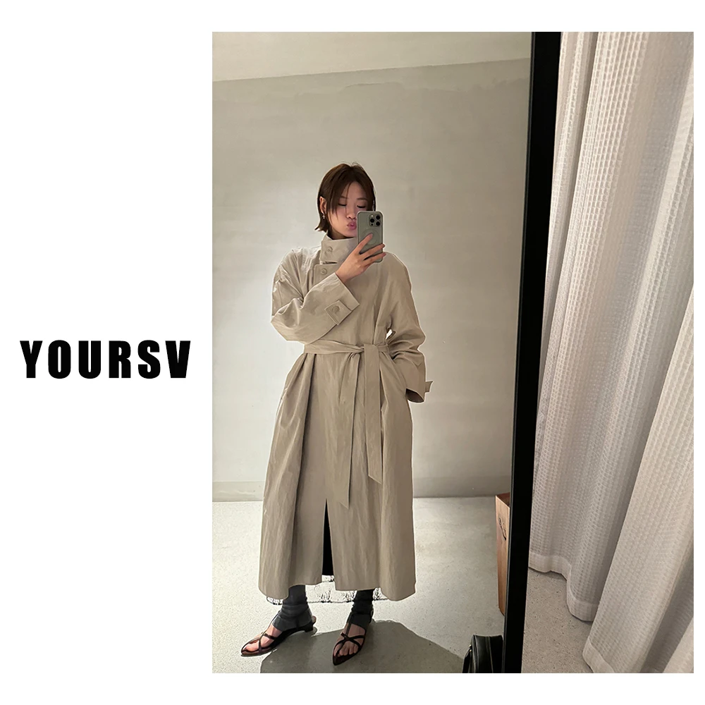 【YOURSV】「欧尼风衣」韩版时尚气质风衣长款束腰复古高个子必入上衣