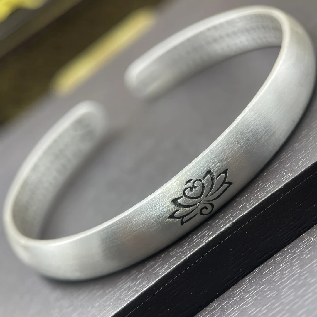 足银手镯 40号足银999.9复古古法做旧莲花泥鳅背开口可调节约30克