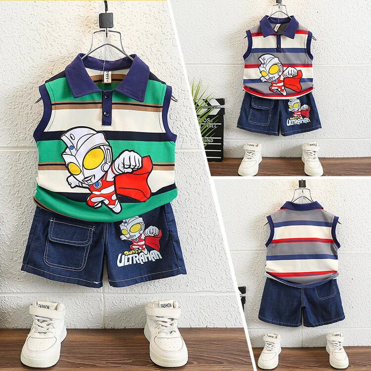 男童夏装2025新款无袖polo衫套装酷帅儿童条纹百搭奥特曼哪吒衣服