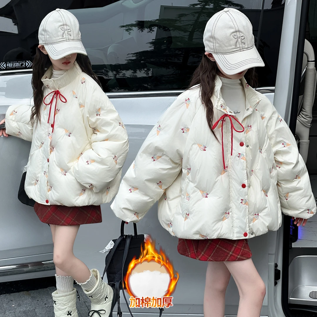 女童冬装新款棉衣刺绣冰激凌甜美风加棉加厚棉服学生大童韩系棉袄