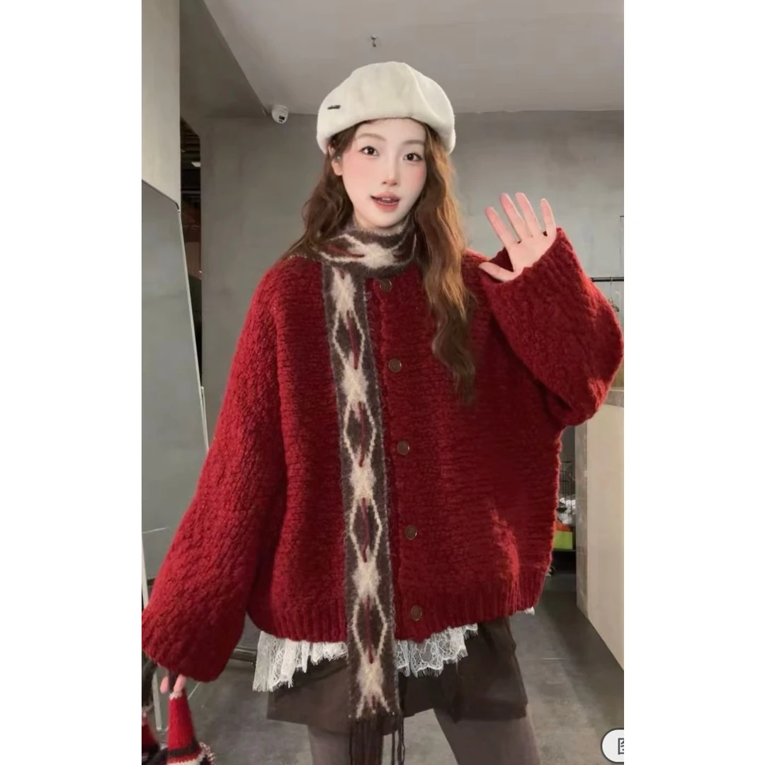 超好看氛围感红色毛衣开衫女2025冬季新款慵懒风时尚加厚针织外套