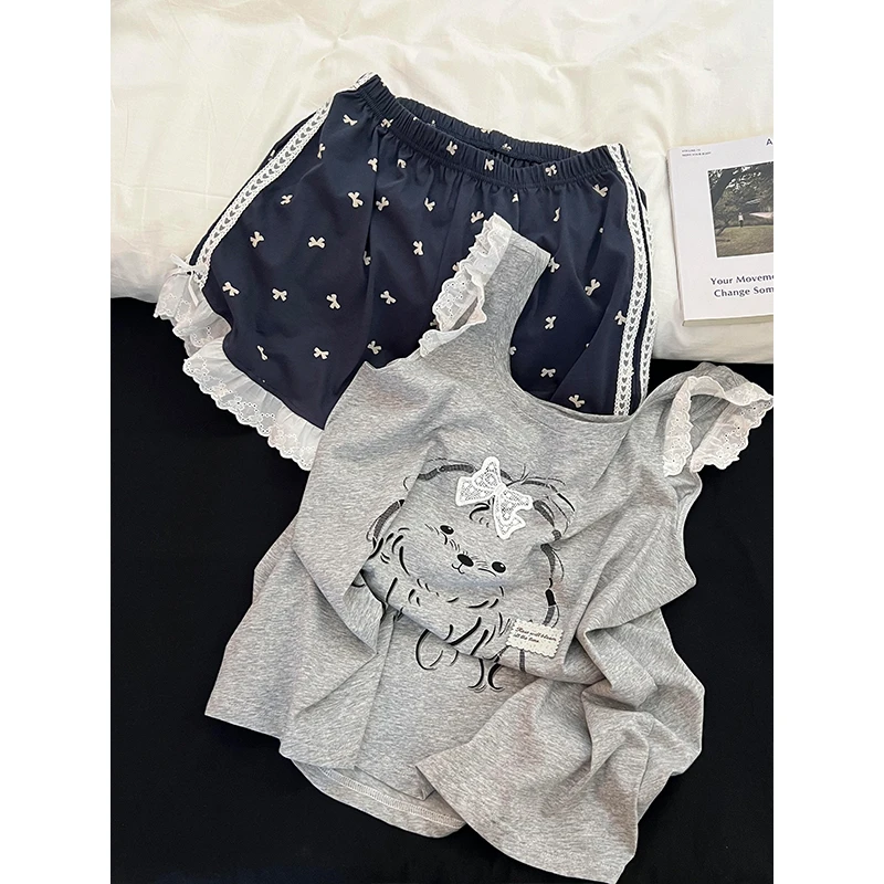 【蝴蝶结小狗】韩系甜美蕾丝边无袖睡衣女夏季爆款可外穿家居服套装