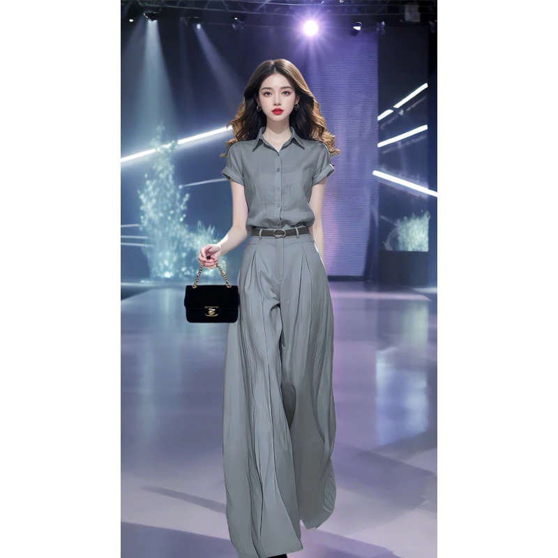 千金清冷感贵系财阀轻奢衬衫阔腿裤两件套女夏季高级感炸街一整套