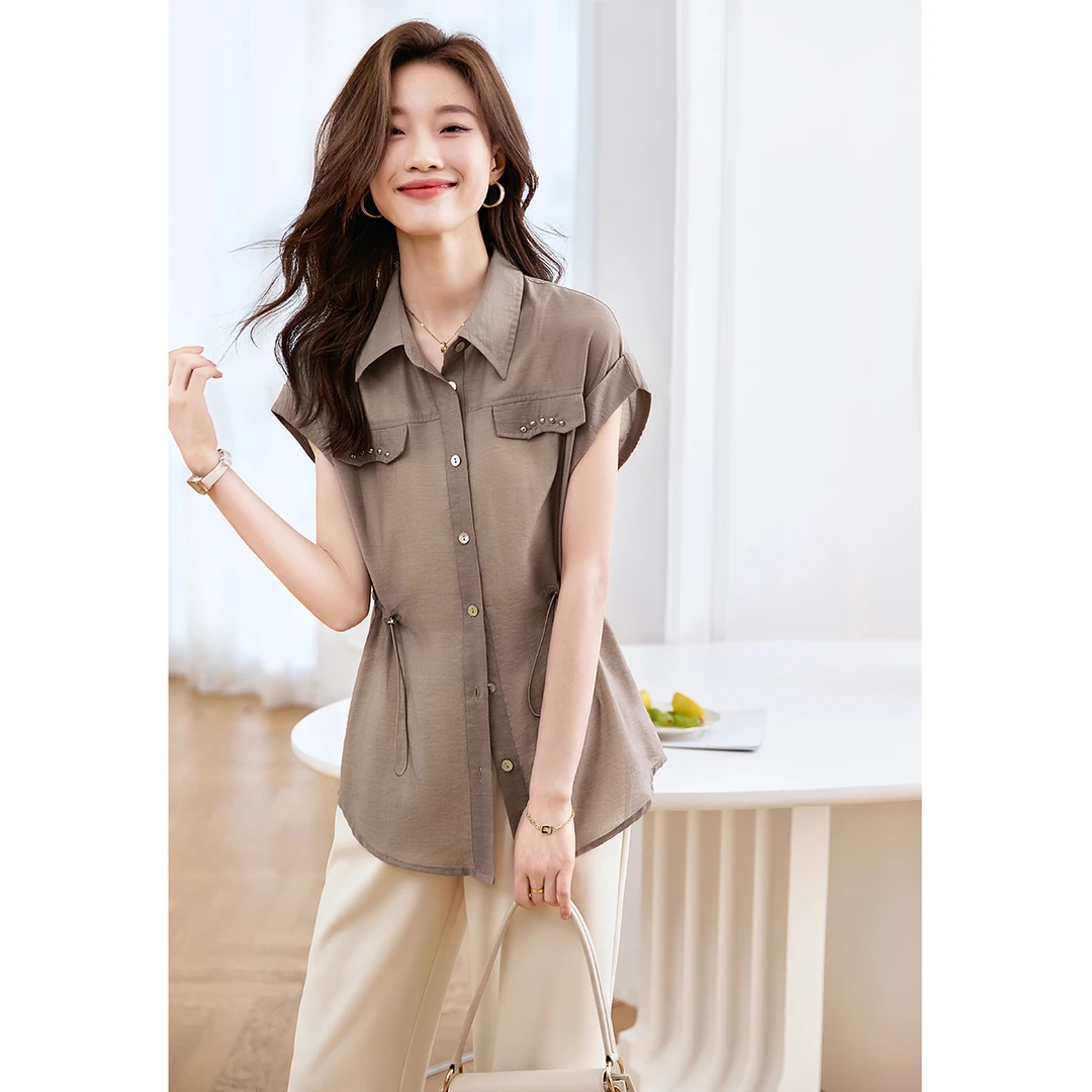 沫晗依美2025夏款休闲时尚百搭连肩袖设计感收腰显瘦撞钉衬衫1586