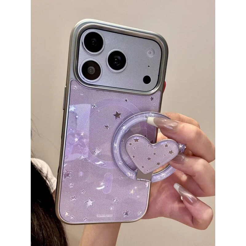 韩系紫底爱心鎏金磁吸支架适用iphone17promax苹果16手机壳15新款
