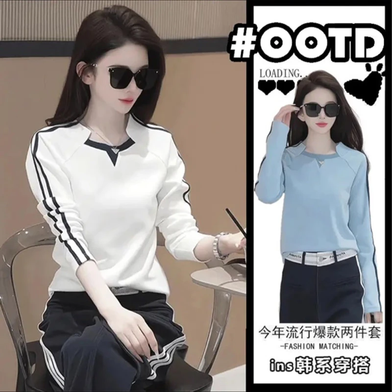 简约风不规则条纹撞色拼接T恤女2026春秋季新款内搭舒适长袖上衣