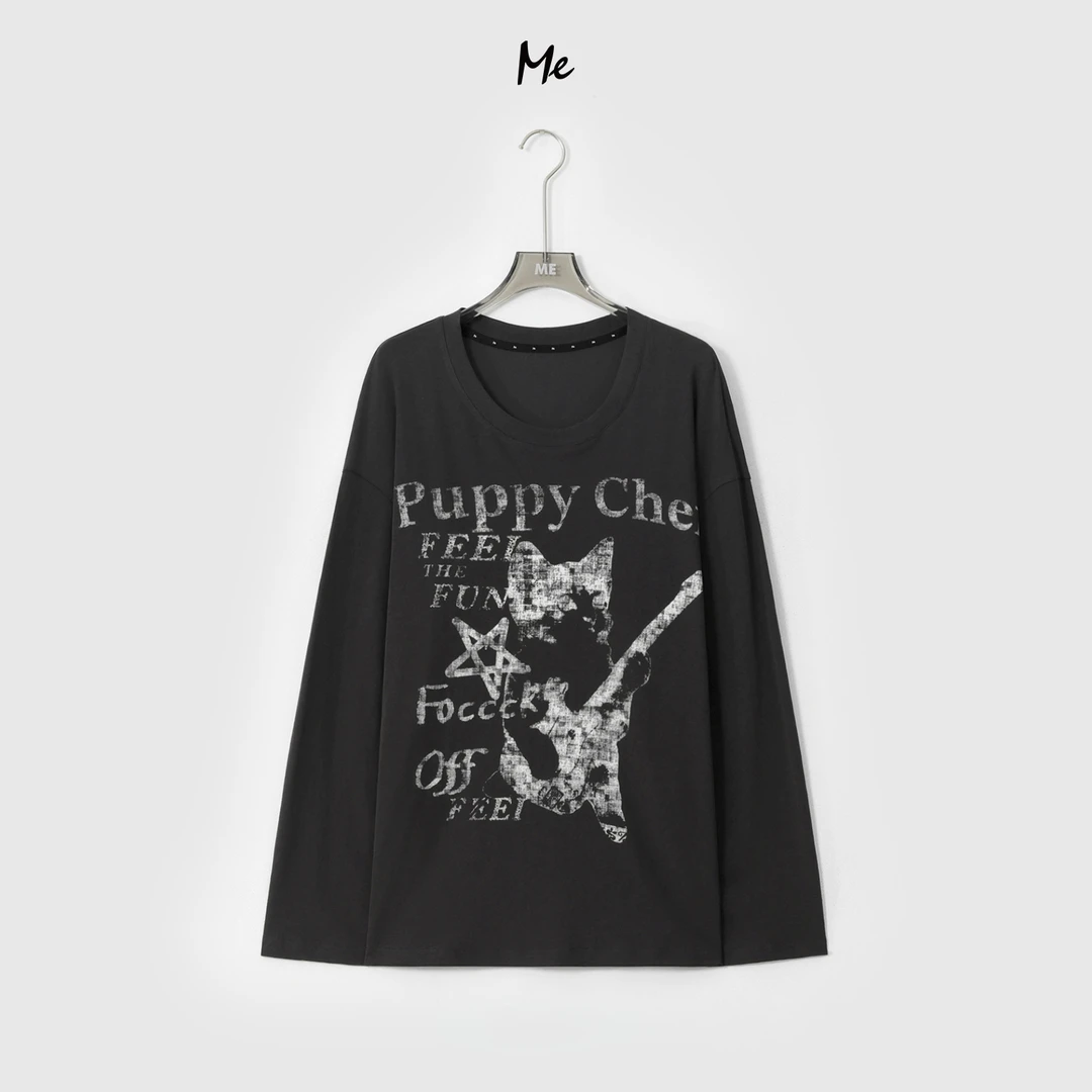 ME【摇滚猫咪大版T一手长】100棉复古印花时尚百搭休闲上衣MESA0273