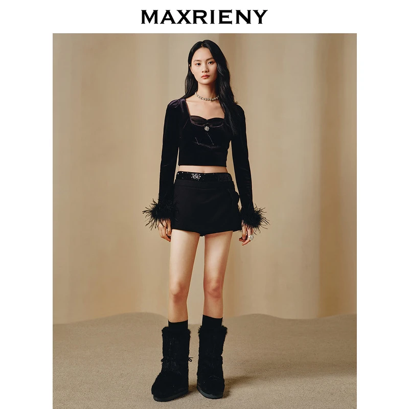 【诗语专属】率性双腰头拼接亮片低腰式裙裤短裤