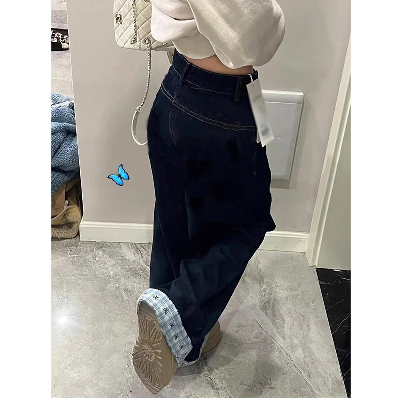 复古深蓝色卷边直筒牛仔裤女2024秋季新款设计感宽松阔腿拖地裤子