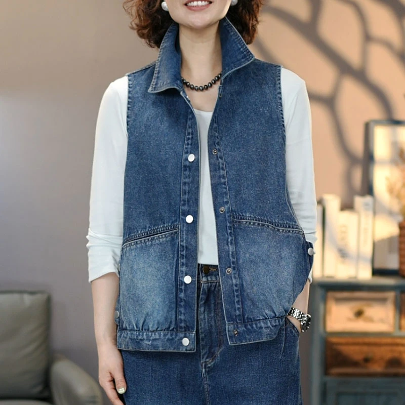 维丽8789蓝#2025春季文艺复古牛仔马夹百搭背心贴布撞色牛仔马甲