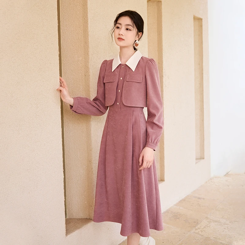 Q844136连衣裙 香影假两件连衣裙女长袖秋冬新款正肩