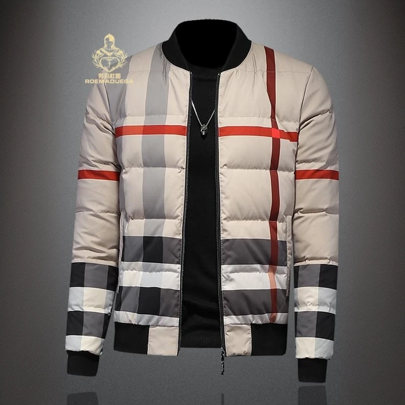 劳玛杜伽时尚欧货格子羽绒服男士立领修身加厚白鸭绒大码休闲外套