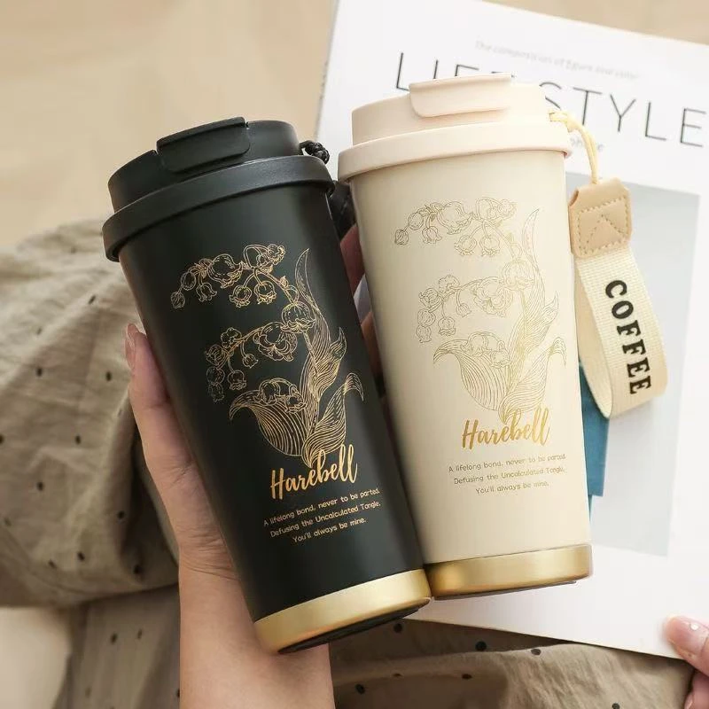 新款铃兰花烫金咖啡杯316内胆双饮杯带盖保温保冰便携咖啡杯简约