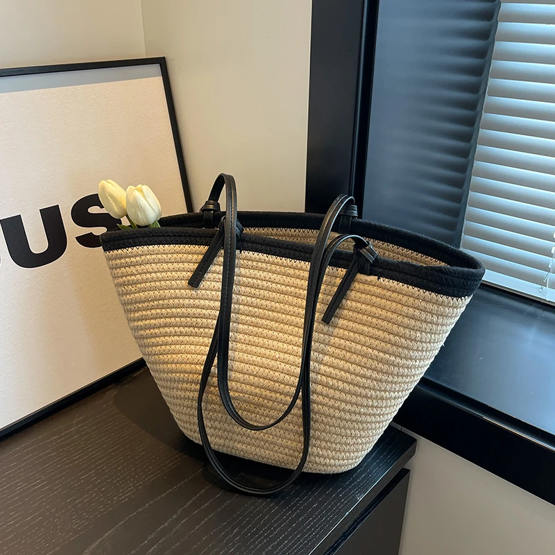 通勤大容量草编包包女2025新夏天流行爆款百搭单肩包托特水桶包xw