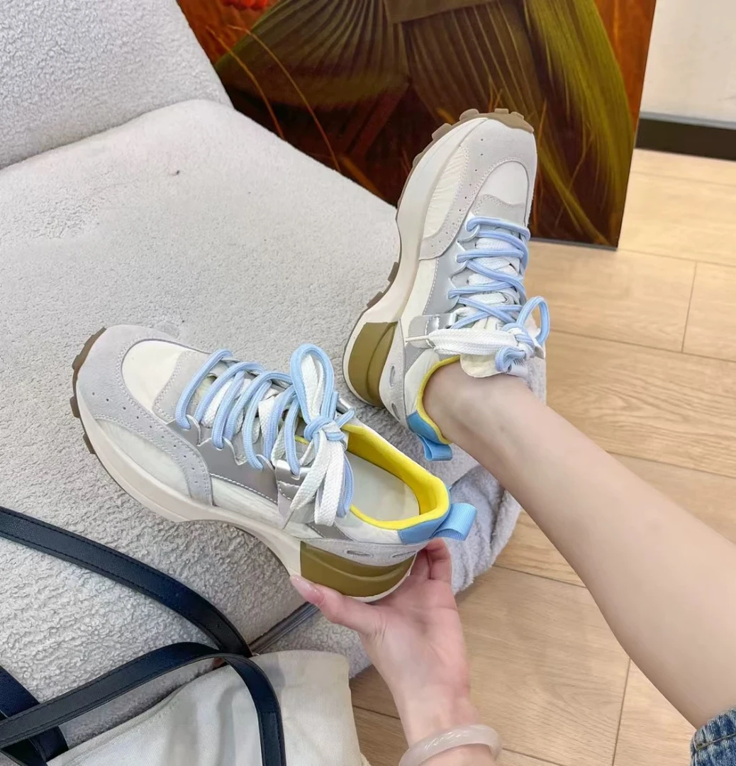 真皮阿甘鞋2025春季新款厚底复古网面休闲运动鞋女透气老爹鞋