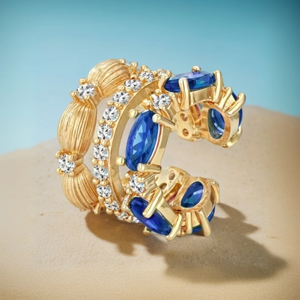 铜合金耳饰 镀香槟金耳饰女浅金色耳骨夹耳夹蓝色原创设计法式