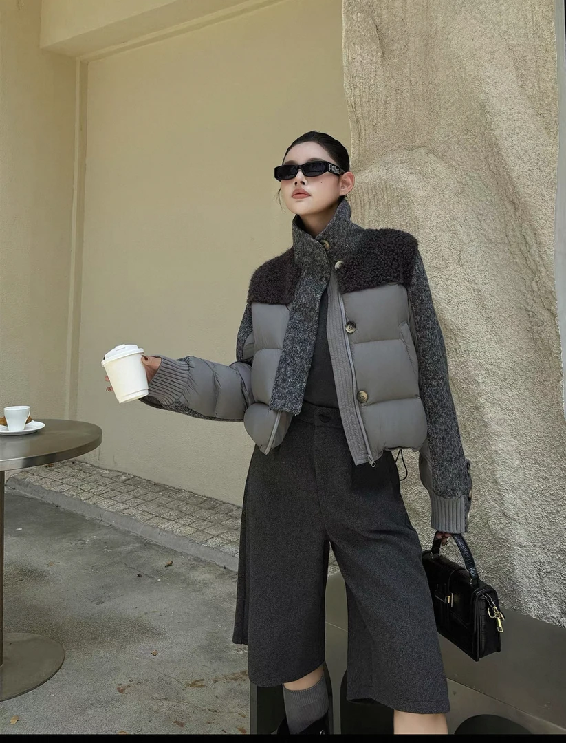 拼接立领羽绒短款潮牌上衣女2025冬季新款时尚小个子外套