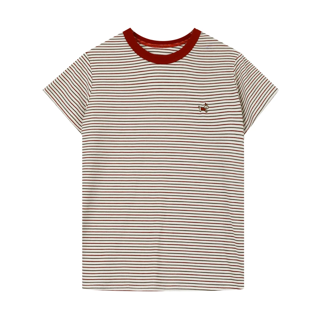 春夏新款双色条纹肌理感法式休闲圆领刺绣上衣短袖女打底T