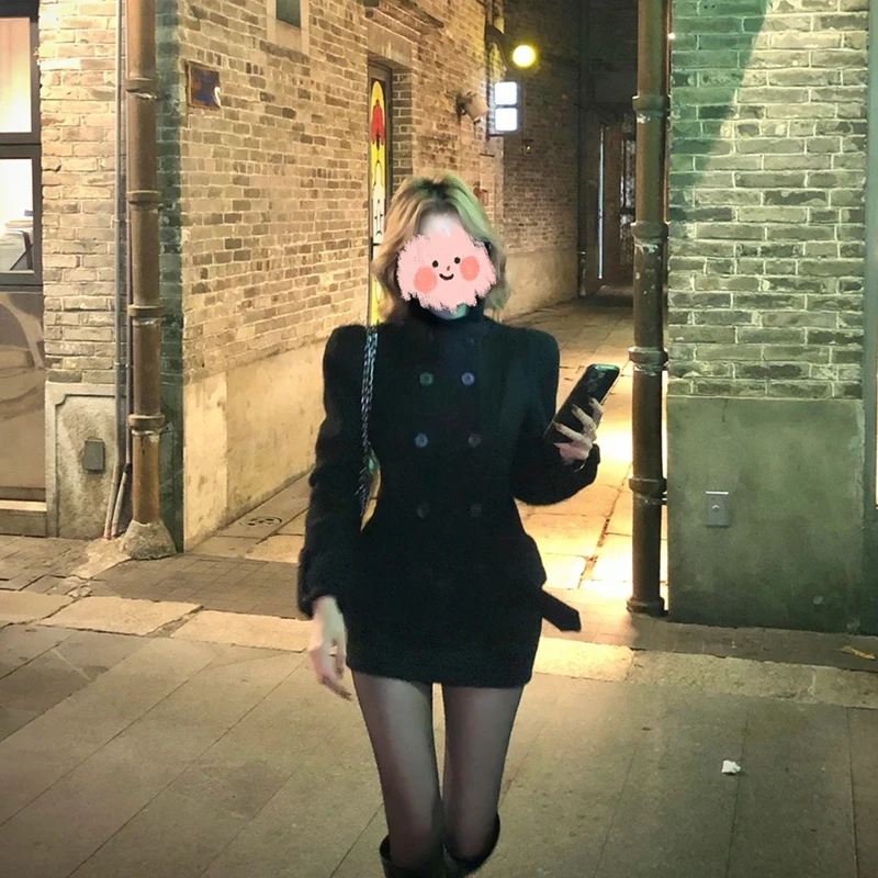 【伦敦日记】收腰毛呢外套修身中长款上衣+短款显瘦半裙套装