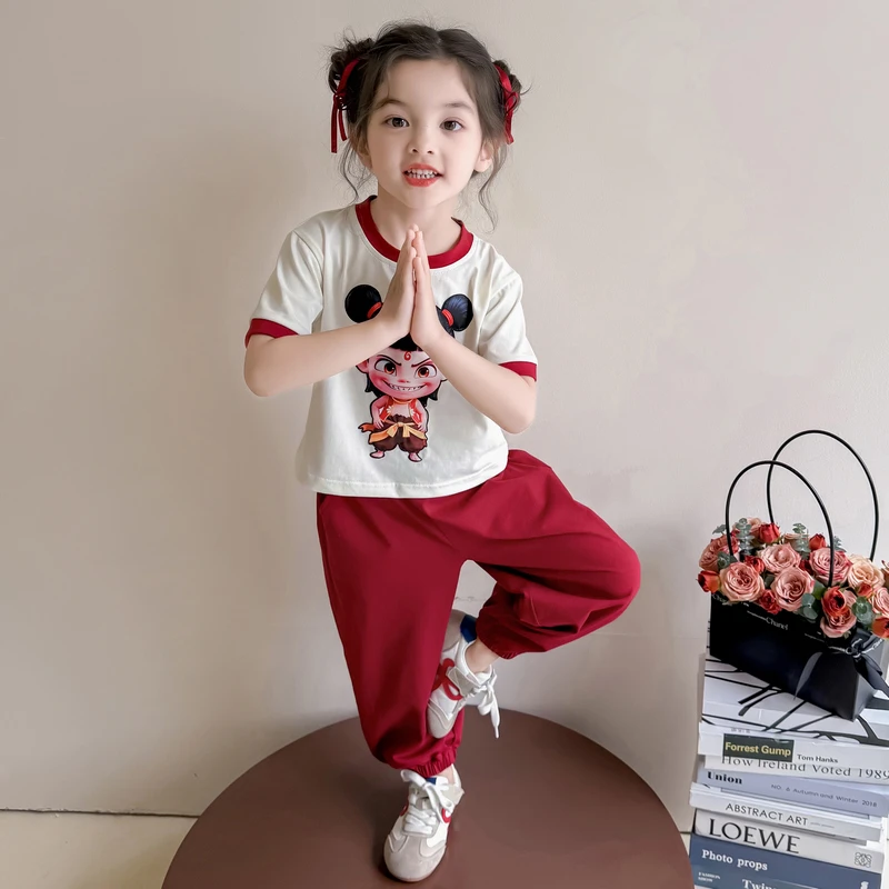 哪吒女童夏装套装2025新款儿童时髦运动T恤两件套女宝宝夏季衣服
