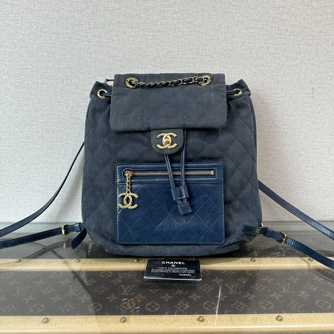 95新 Chanel/香奈儿 蓝金拼皮单宁牛仔双肩背包 13668