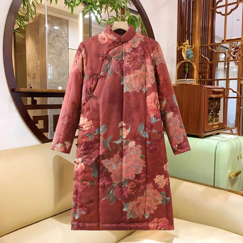 复古盘扣印花旗袍中式加厚纯手工加长款保暖棉袄纯手工新疆棉花衣