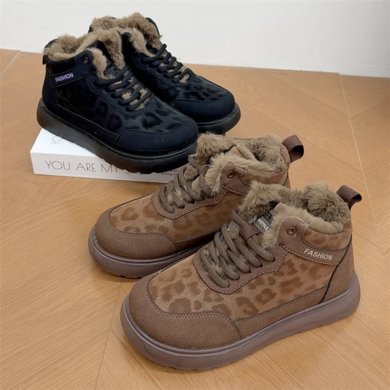 冬季新款老北京棉鞋时尚洋气豹纹休闲女鞋加绒加厚保暖厚底妈妈鞋