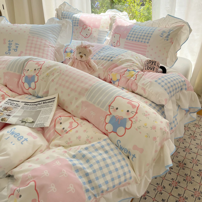 新款公主风可爱甜甜猫咪云柔水洗棉花边四件套单人学生宿舍三件套