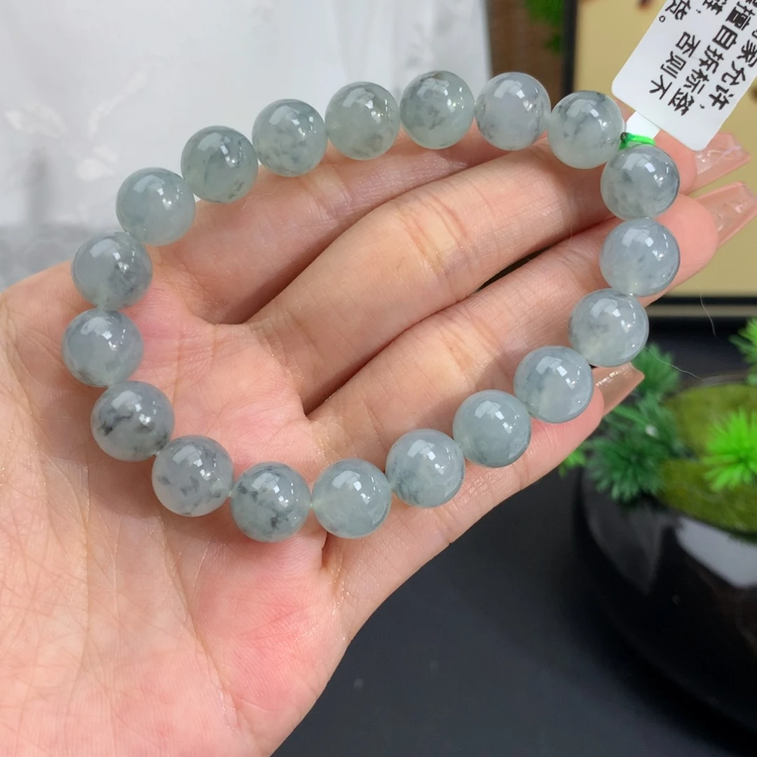 翡翠手链未镶嵌卡9.8胶润水墨画手串