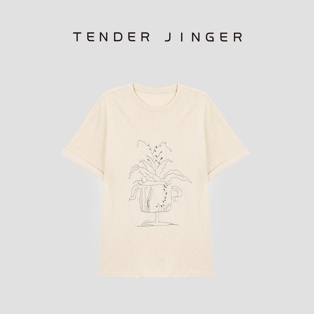 Tender Jinger圆领廓形刺绣树藤T恤T52QXX30309