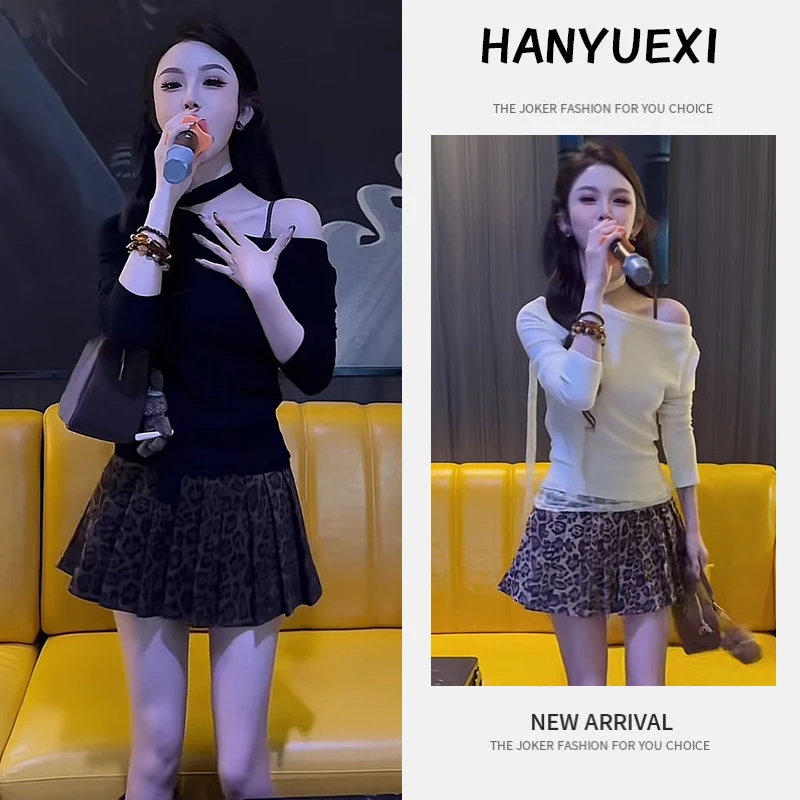 秋季超火搭配一整套女装2025新款斜肩长袖上衣豹纹百褶裙两件套潮