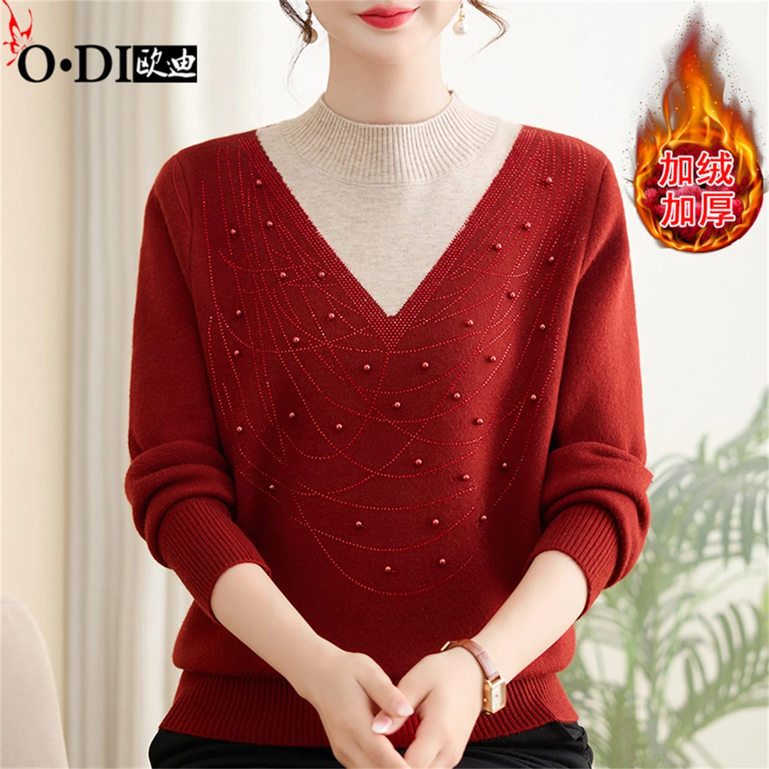 中年妈妈装秋冬季加绒加厚保暖气质打底衫中老年毛衣时尚钉珠上衣
