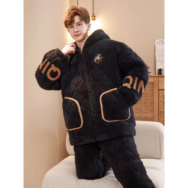 男士宽松秋冬季法兰绒三层夹棉保暖睡衣加绒加厚家居服可外穿连帽