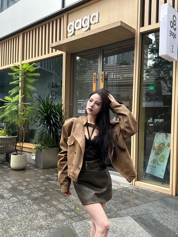 复古感做旧短款翻领皮衣女秋季宽松机车夹克外套