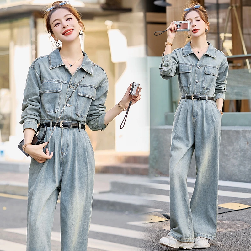 2025年早春新款气质百搭显瘦工装阔腿连衣裤休闲时尚牛仔连体裤女