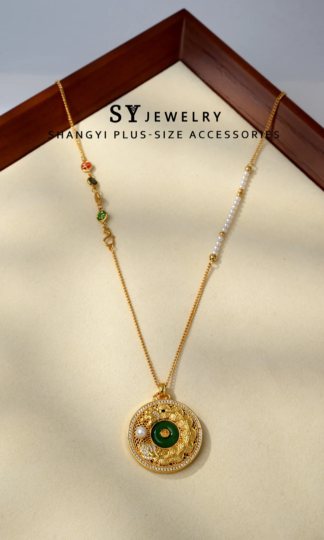 铜合金仿珍珠项链 A-470胖妹妹大码饰品镶嵌龙福八宝平安喜乐项链