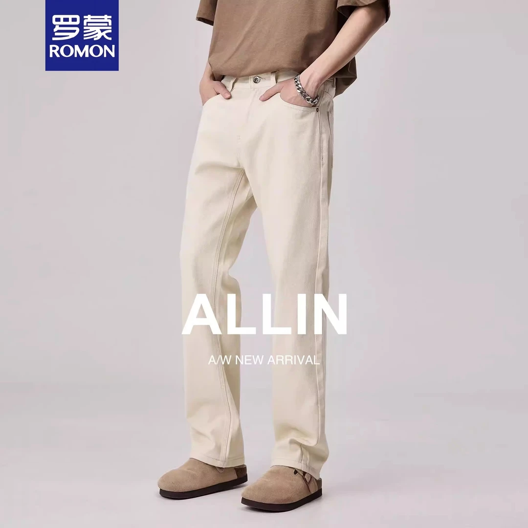 罗蒙杏色休闲直筒牛仔裤男款秋冬加绒加厚美式复古高级感长裤子