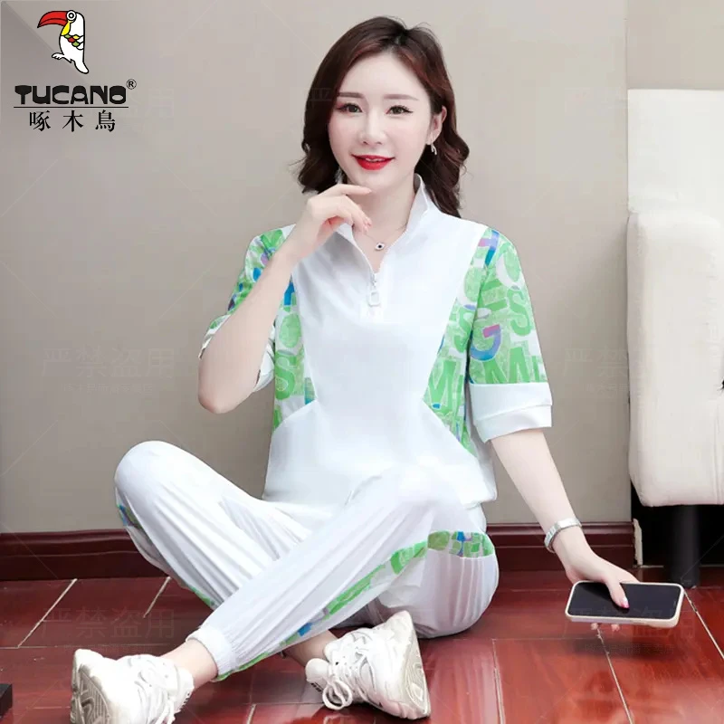 啄木鸟2025夏季新款套装女休闲短袖散步广场舞立领洋气减龄两件套