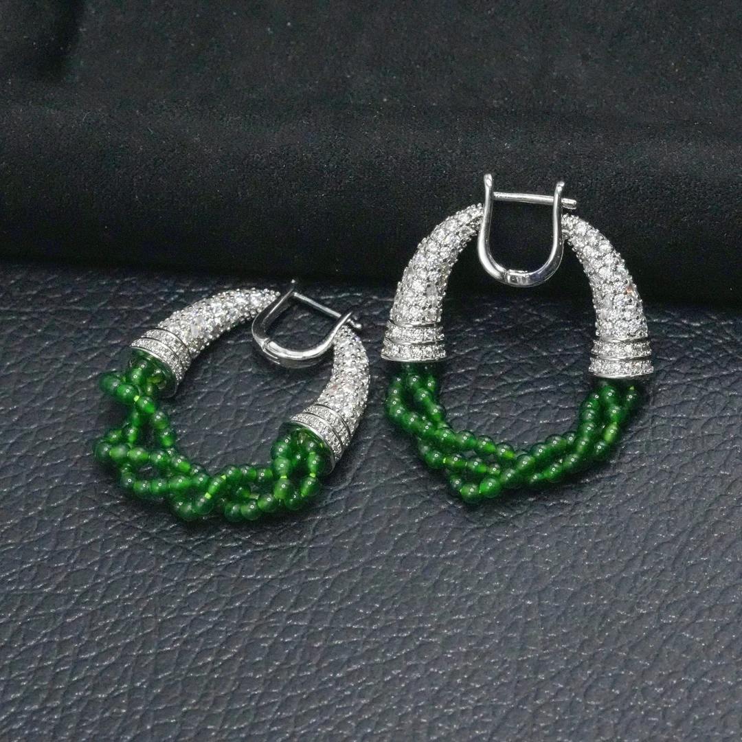 天然A货翡翠珠子耳坠翡翠耳环多样性发手工气质轻奢时尚编织重工