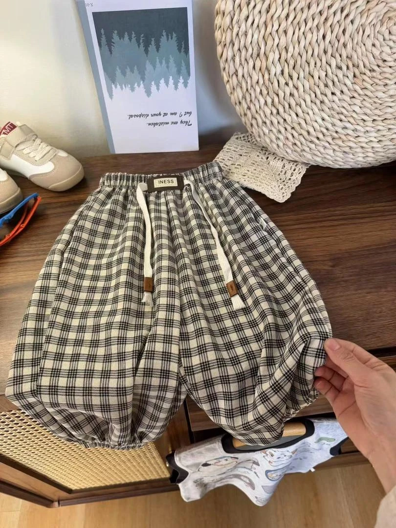 夏季新款格子冰丝麻防蚊裤儿童宽松洋气透气薄款男女宝束脚灯笼裤