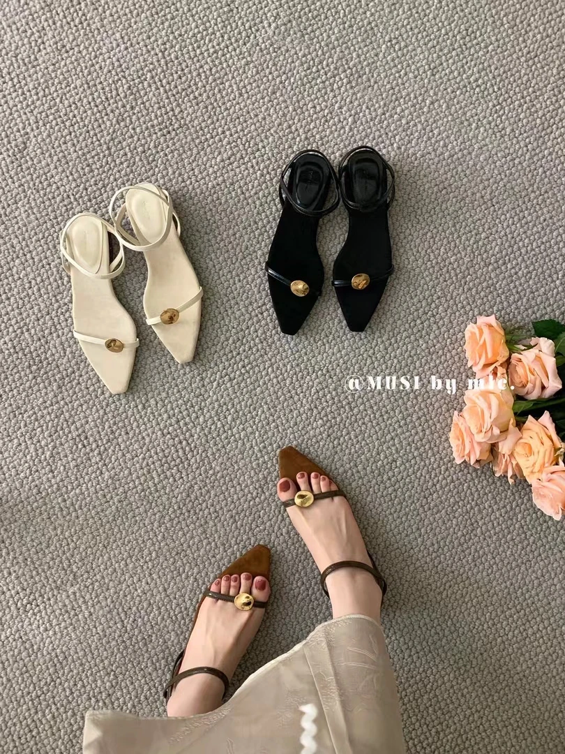 安安家 899-2 法式简约一字带凉鞋女气质尖头低跟露趾后空罗马鞋