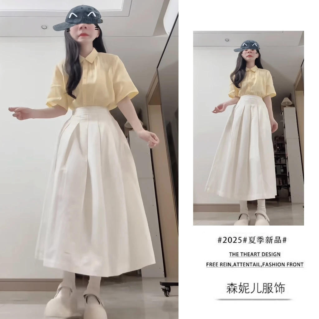 今年流行穿搭一整套2025新款韩版减龄短袖衬衫百搭半身裙两件套装