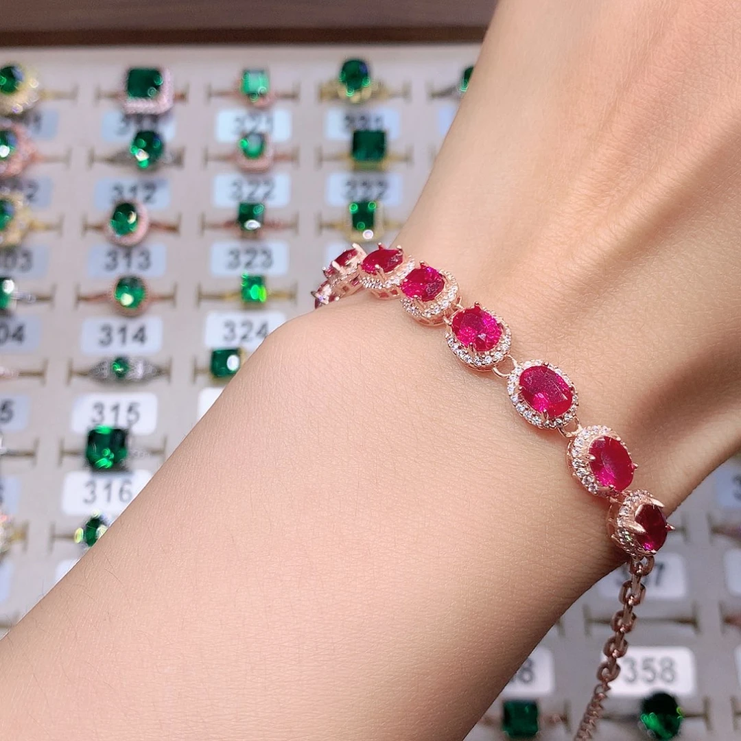 手链银S925镶嵌红宝石酒红 玫瑰金