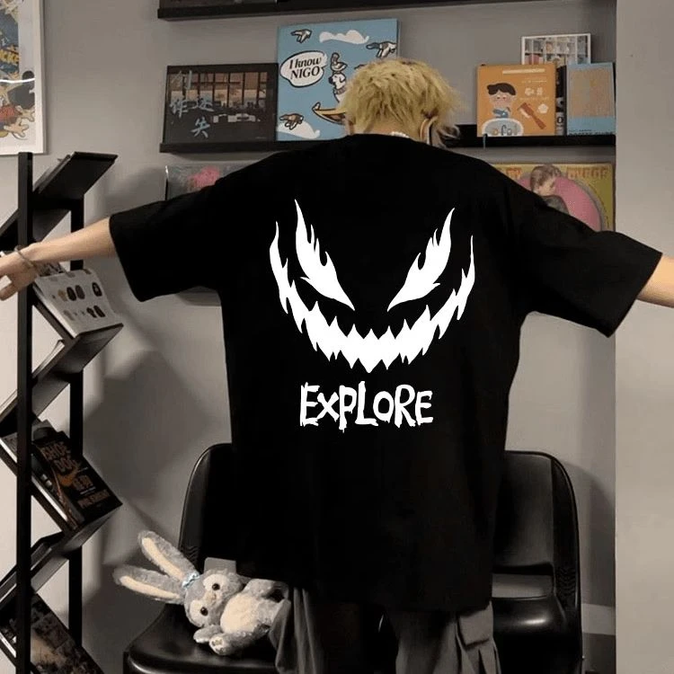 100%纯棉美式高街恶魔印花短袖T恤男女夏重磅宽松圆领百搭上衣潮