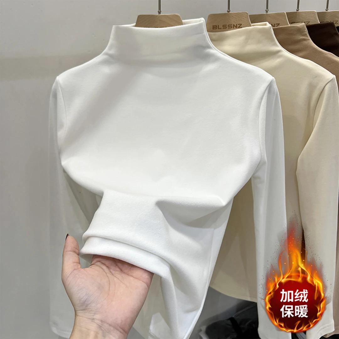 法式长袖德绒打底衫女2025春秋冬白色修身半高领内搭洋气保暖上衣