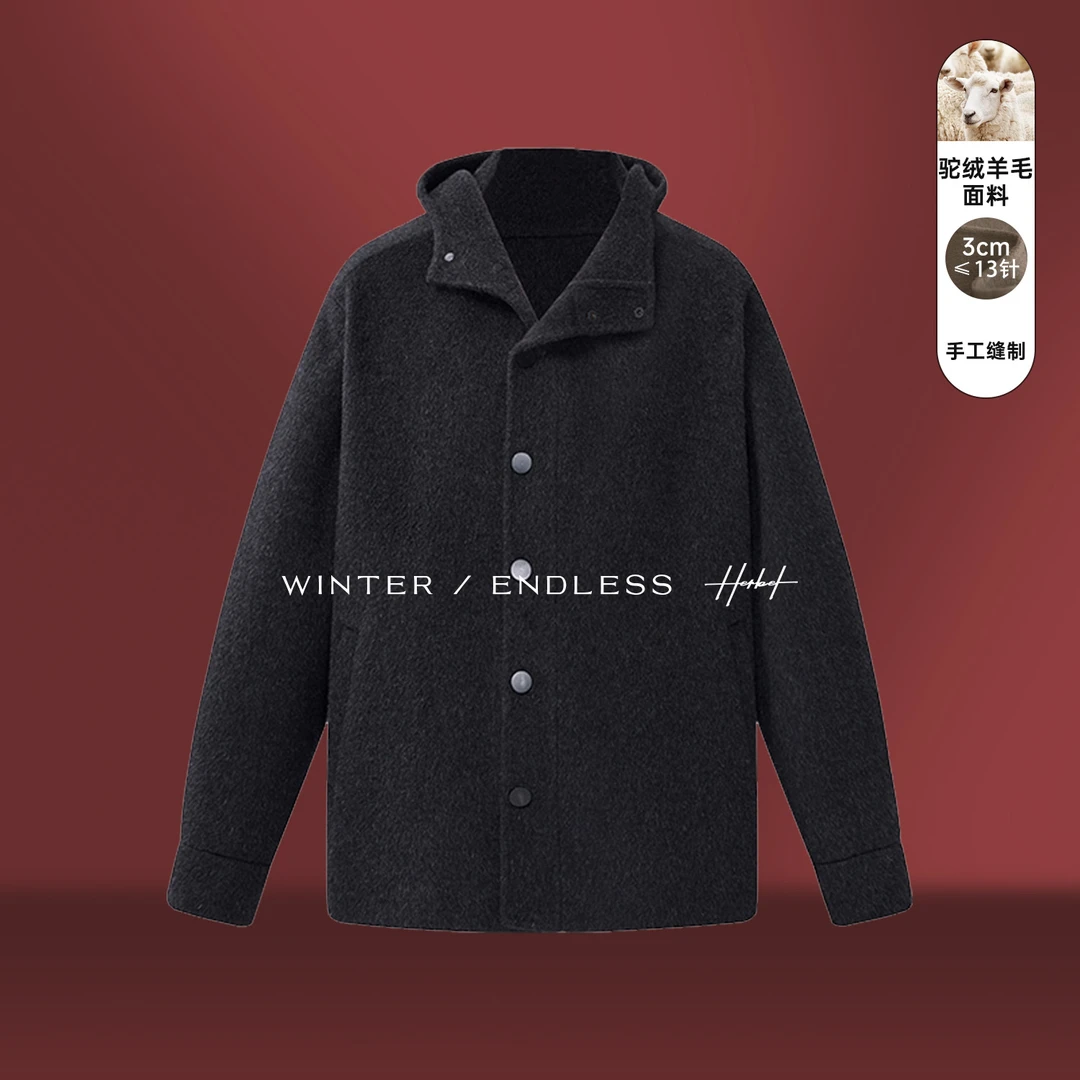 HERBEL/黑白秋冬款驼绒呢子外套绵羊毛混纺毛呢大衣质感设计男装