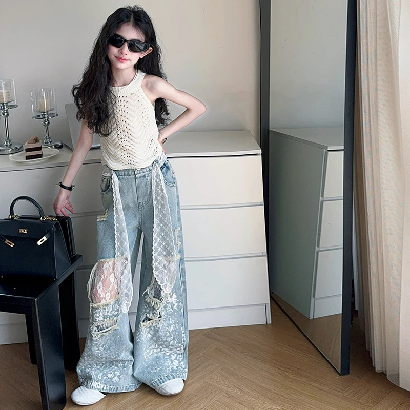 OY女童吊带小背心牛仔裤套装2025新款挂脖法式时髦裤子两件套