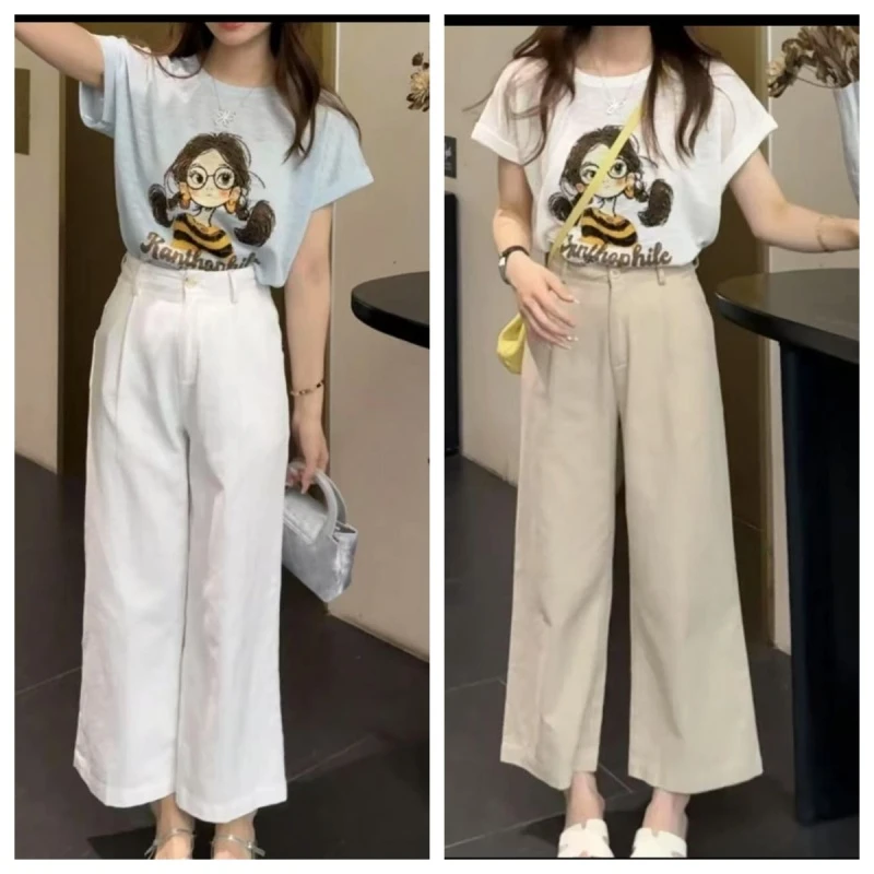 漫画女孩夏季新款卡通小女孩圆领时尚短袖上衣+简约薄款休闲裤子